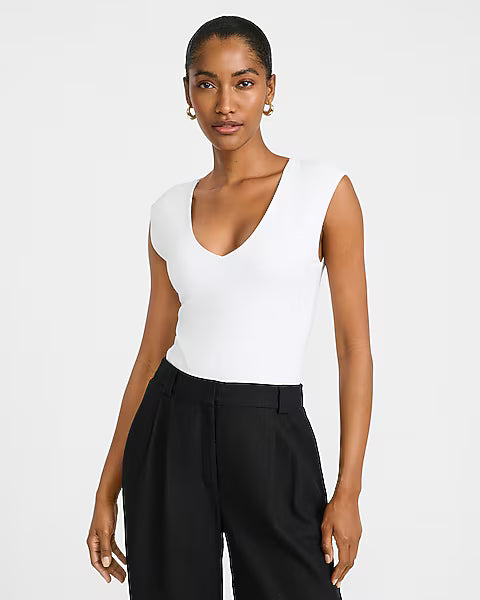 Body Contour Light Compression Stretch Cotton V-Neck Cap Sleeve Bodysuit