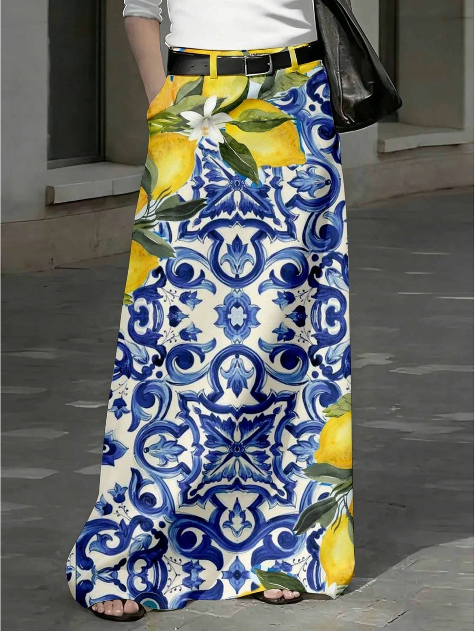 Lemon And Blue Tile Pattern Maxi Skirt