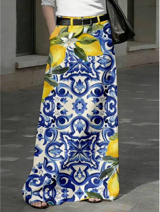 Lemon And Blue Tile Pattern Maxi Skirt
