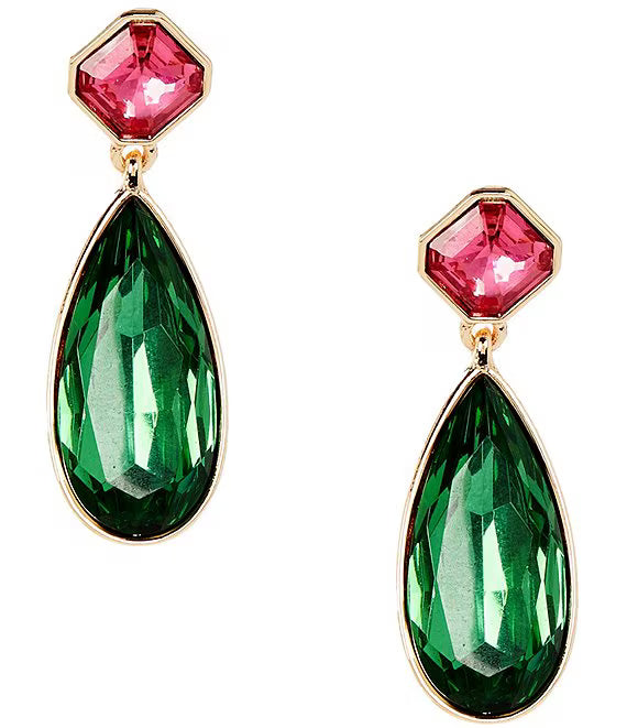 Pink Square & Green Teardrop Resin Stone Drop Earrings