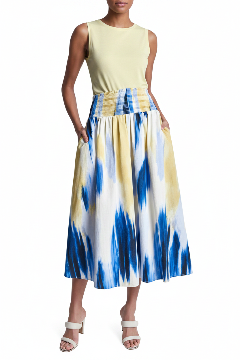 Printed Poplin Pull-On Midi Skirt