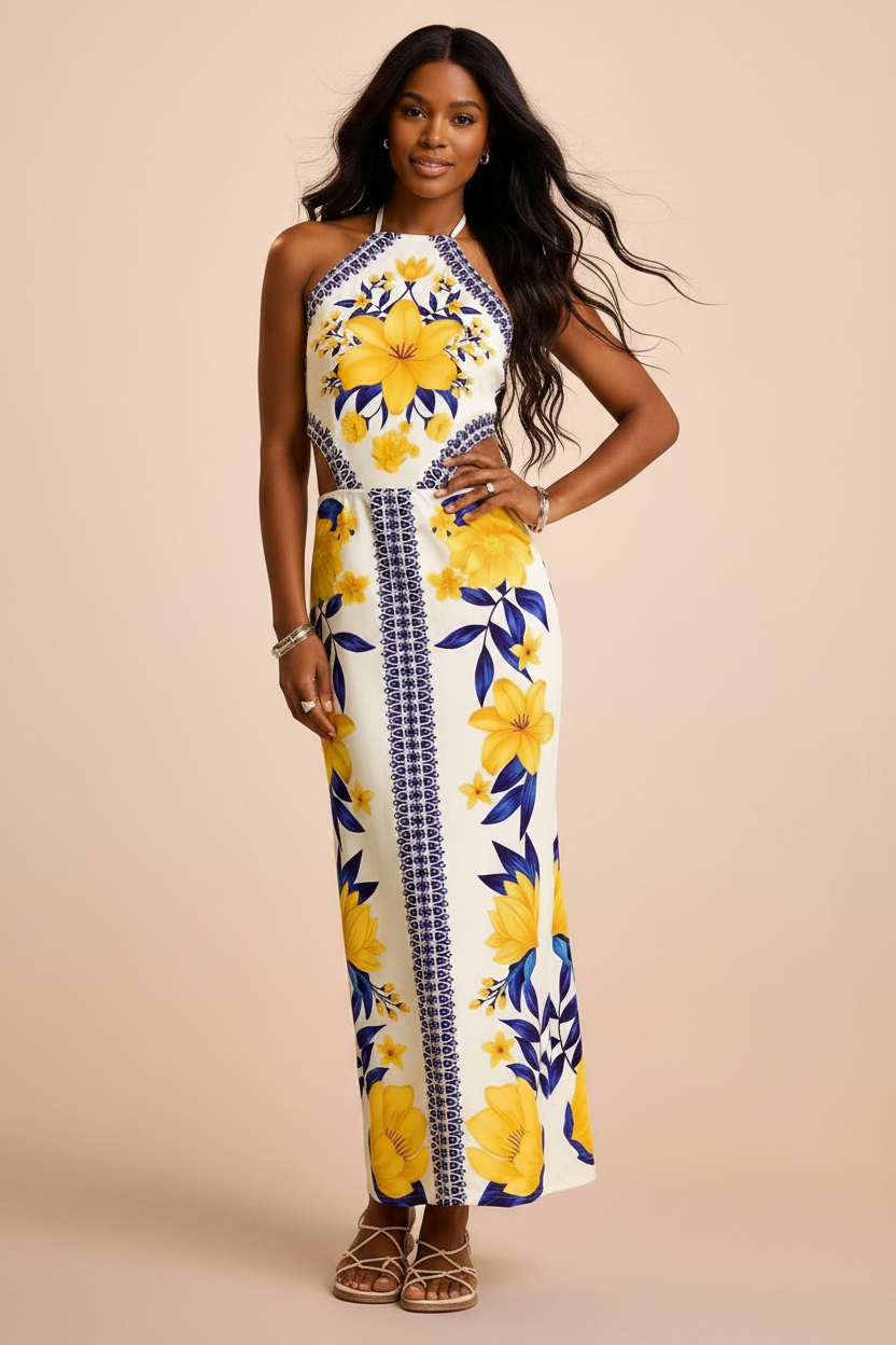 Brazilian Print Backless Tie Waist Maxi