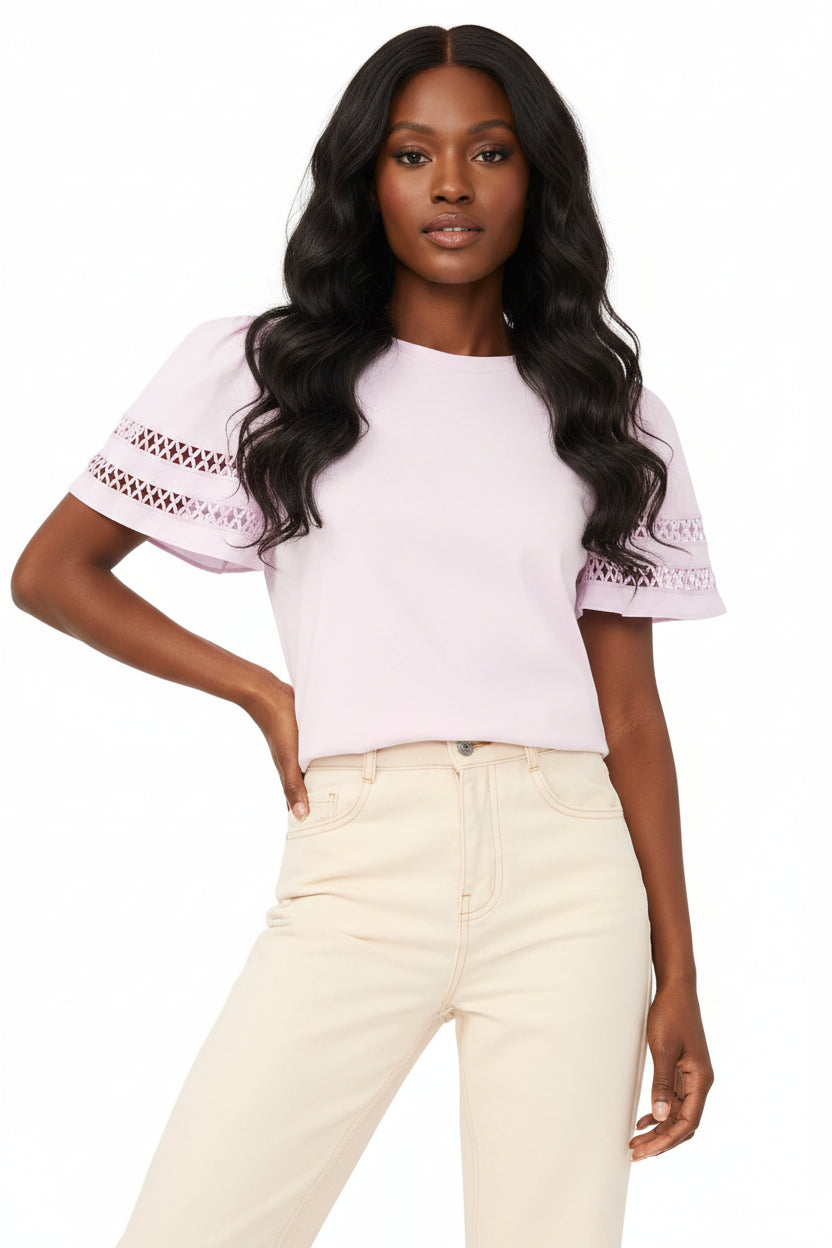 Women's Combo Trim-Sleeve Crew Neck Top