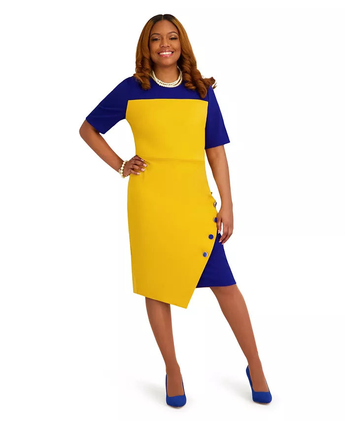 Short-Sleeve Crewneck Colorblocked Midi Dress