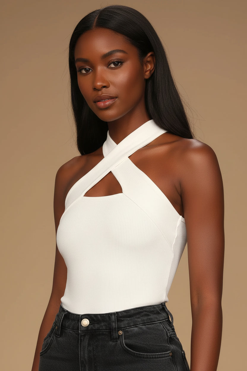 Essential Energy White Ribbed Sleeveless Cutout Cross-Front Top